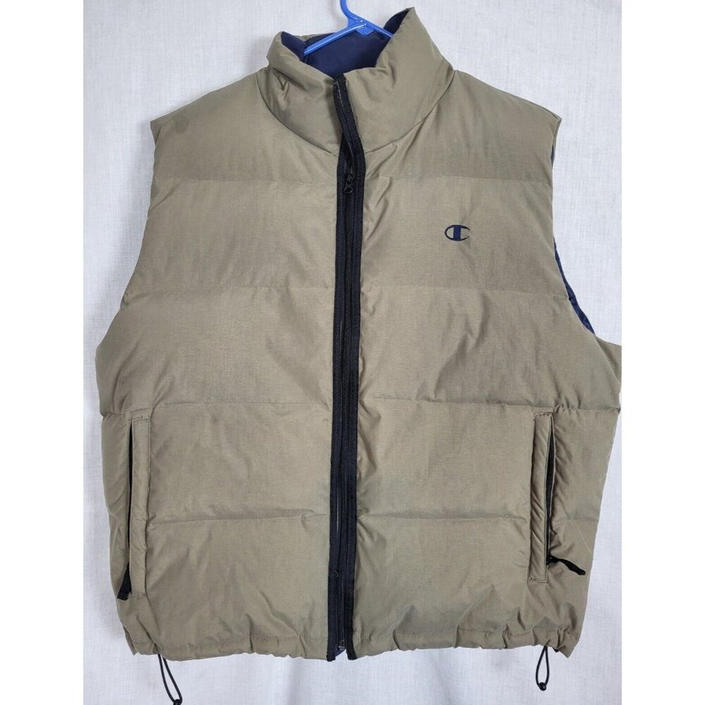 VINTAGE Champion Puffer Vest Men XL Olive / Tan Down Filled Full Zip Outdoor 90s